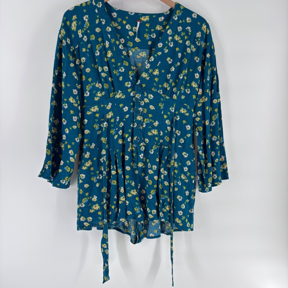 Free People Romper Womens 8 Teal Blue Floral V-Neck Button Front Boho Festival